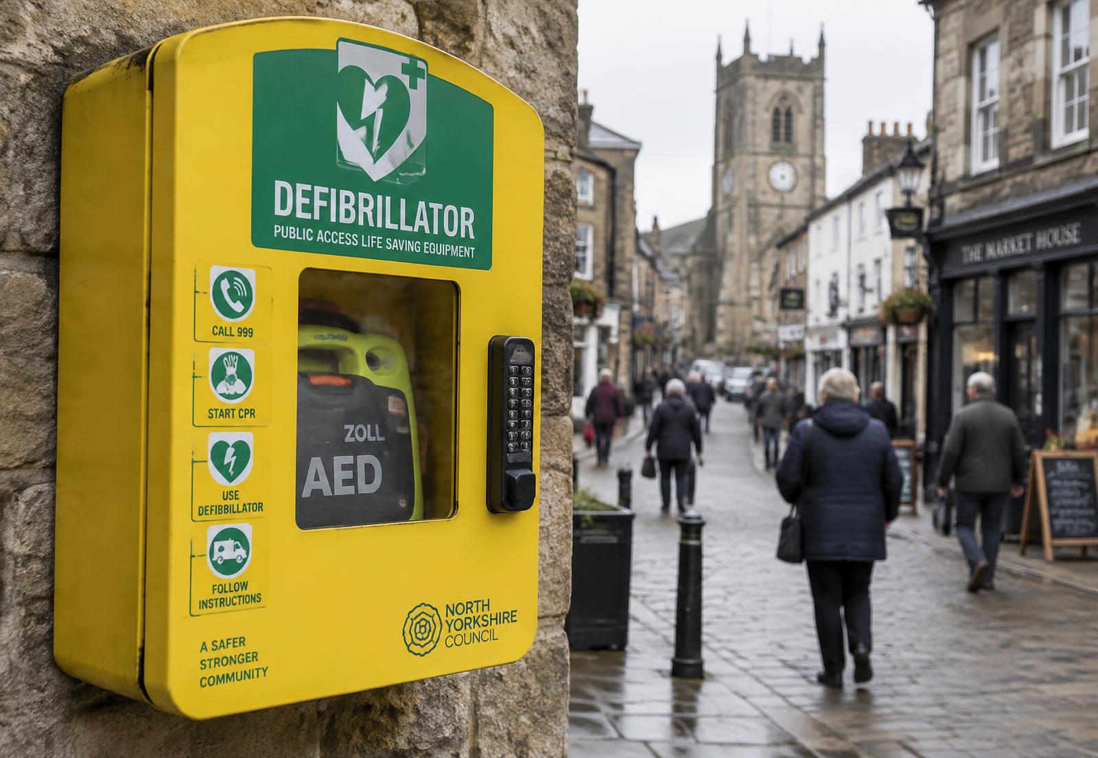A public-access defibrillator mounted in a town centre